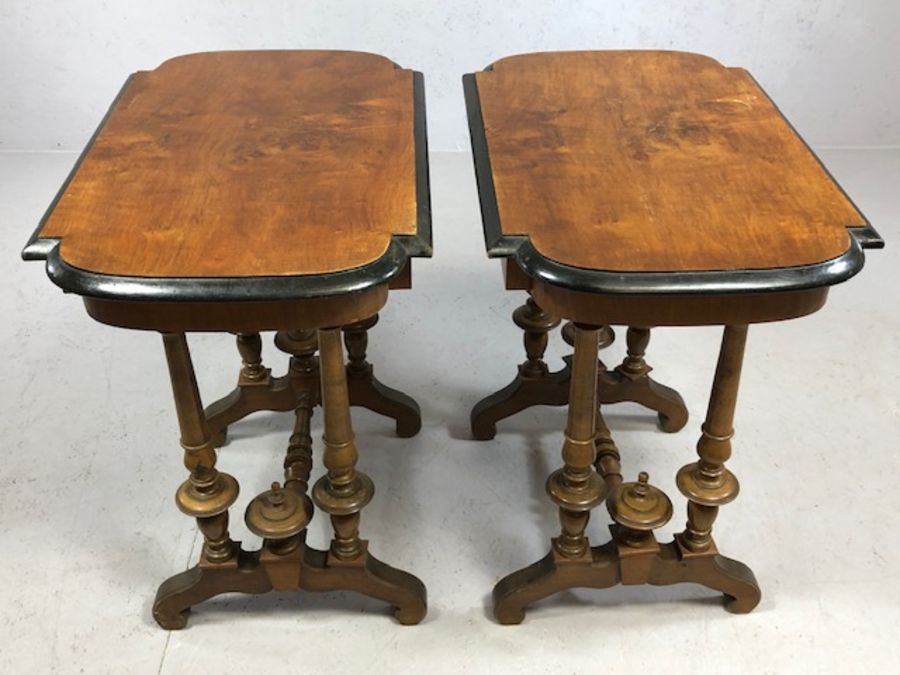 Pair of ebonised and veneered side tables on turned legs with single turned stretcher, approx 66cm x - Image 3 of 4