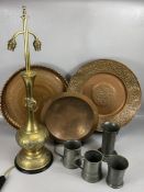 Collection of metal and brassware to include three Middle Eastern-style trays, two pewter