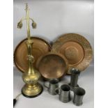 Collection of metal and brassware to include three Middle Eastern-style trays, two pewter