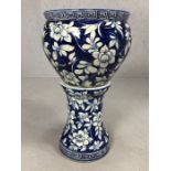 Blue and white ceramic jardiniere on stand, approx 63cm in total height (A/F)