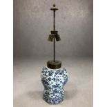 Blue and white ceramic lamp base with brass fittings and makers mark to base, approx 80cm tall