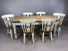 Pine farmhouse kitchen dining table with single drawer and painted base, approx 168cm x 86cm x