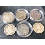 Collection of six early silver Crown coins to include years 1837, 1886, 1844, 1891, 1899, 1890