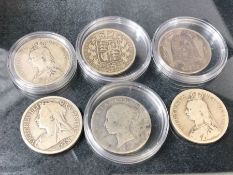 Collection of six early silver Crown coins to include years 1837, 1886, 1844, 1891, 1899, 1890