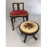 Kidney shaped, low backed antique occasional chair along with a swivel stool with tapestry seat