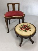 Kidney shaped, low backed antique occasional chair along with a swivel stool with tapestry seat