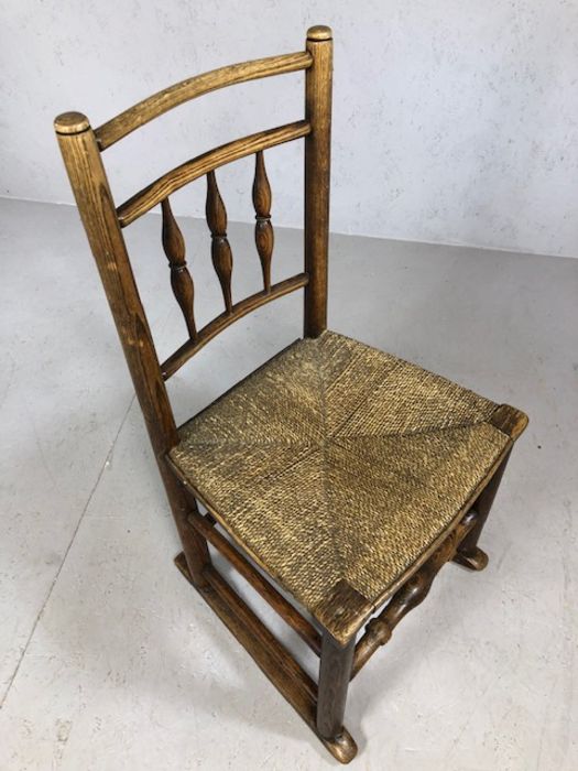 Antique rush seated child's rocking chair with turned supports, approx 81cm tall (A/F) - Image 2 of 5