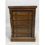 Six drawer specimen cabinet with key (A/F), approx 42cm x 28cm x 58cm tall