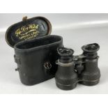 'The Dog-Watch' vintage binoculars by Lawrence & Mayo of London, with leather case (broken