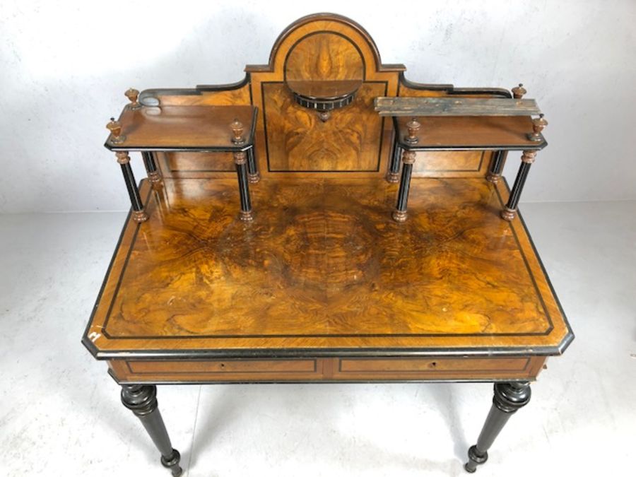 Ebonised and veneer desk or display table with galleried top with ebonised piers, two drawers under, - Image 2 of 6