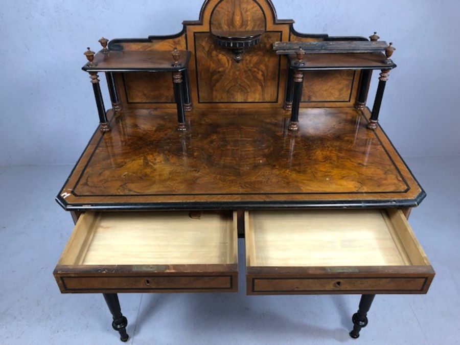 Ebonised and veneer desk or display table with galleried top with ebonised piers, two drawers under, - Image 3 of 6