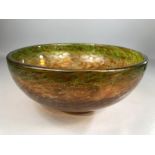 Art glass: Monart-style glass bowl in mottled orange with green rim, approx 26cm in diameter