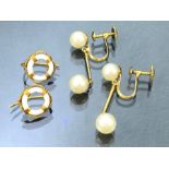 Two pairs of gold earrings. 14k Gold set with Pearls and 9ct Gold with ceramic lifebuoy approx 5.2g