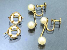 Two pairs of gold earrings. 14k Gold set with Pearls and 9ct Gold with ceramic lifebuoy approx 5.2g