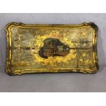 Large hand painted wooden Rococo style serving tray with central panel figural scene and gold gilt