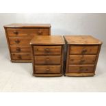 Pine chest of four drawers and a matching pair of pine bedsides with three drawers, all on