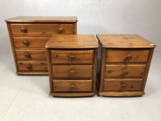 Pine chest of four drawers and a matching pair of pine bedsides with three drawers, all on