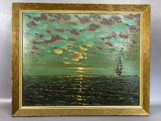 Oil on canvas of a sailing ship signed F Goodwin, approx 60cm x 47cm