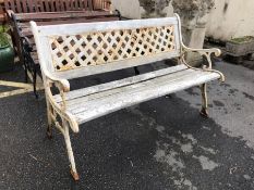 Garden bench with wrought iron ends and metal latticework back, approx 127cm in length