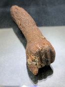 Wooden fragmentary arm, hand with thumb extended and four fingers pressed to palm, with some