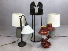Various modern interiors pieces to include lamps, sculptures of horses and a small tin topped table