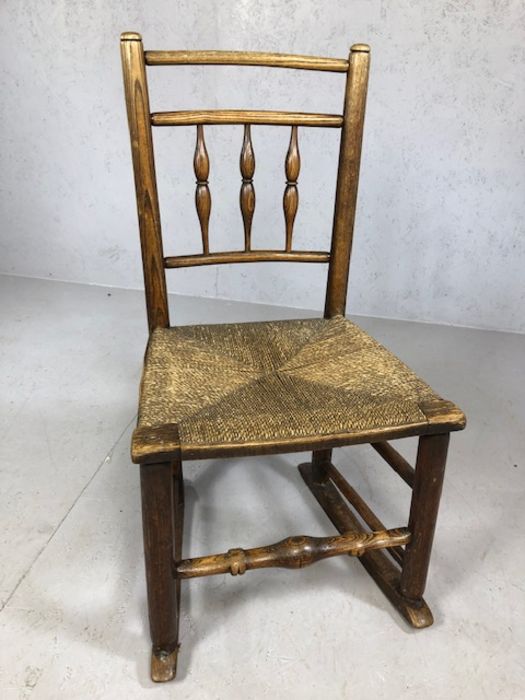 Antique rush seated child's rocking chair with turned supports, approx 81cm tall (A/F) - Image 3 of 5