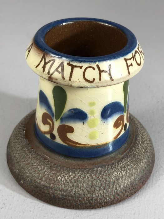 Watcombe pottery match striker marked 'A Match for any Man', approx 8cm in height - Bild 2 aus 6