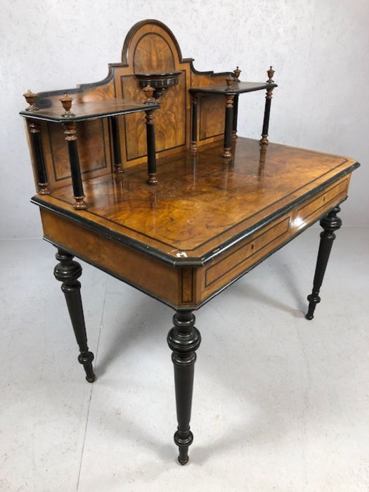 Ebonised and veneer desk or display table with galleried top with ebonised piers, two drawers under, - Image 5 of 6