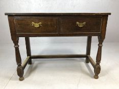 Dark wood console table with two drawers and original handles, approx. 99cm x 48cm x 76cm tall