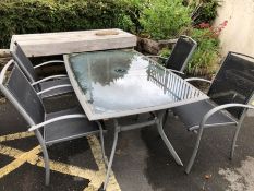 Garden patio table and chair set, table with glass top, four chairs