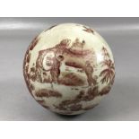 Chinese hand decorated, ceramic decorative ball depicting figural scenes, trees and birds, approx