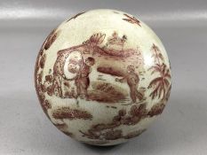 Chinese hand decorated, ceramic decorative ball depicting figural scenes, trees and birds, approx