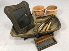 Collection of vintage items to include a trug, selection of chisels, two terracotta pots, a knife