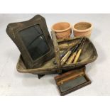 Collection of vintage items to include a trug, selection of chisels, two terracotta pots, a knife