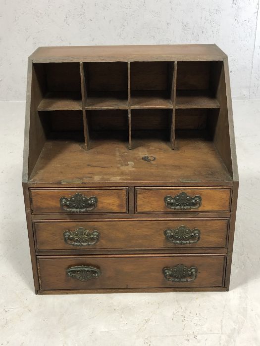 Vintage desk top drawers and pigeon holes, four drawers with and metal handles, approx 36cm x 28cm x
