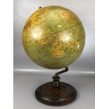 Philips' 14 inch vintage terrestrial globe, raised on turned wooden base (A/F)