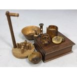 Collection of carved wooden items to include table top skittles, bowls, box etc
