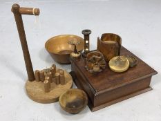 Collection of carved wooden items to include table top skittles, bowls, box etc