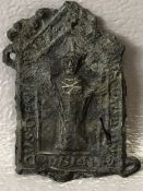 Pewter badge, approx 4.5cm in height, depicting the image of a figure, possibly medieval or pilgrim,