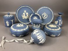 Collection of blue and white Wedgwood Jasper Ware to include lided dishes, small vases, plates,