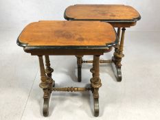 Pair of ebonised and veneered side tables on turned legs with single turned stretcher, approx 66cm x