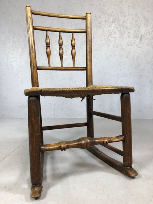 Antique rush seated child's rocking chair with turned supports, approx 81cm tall (A/F) - Image 4 of 5