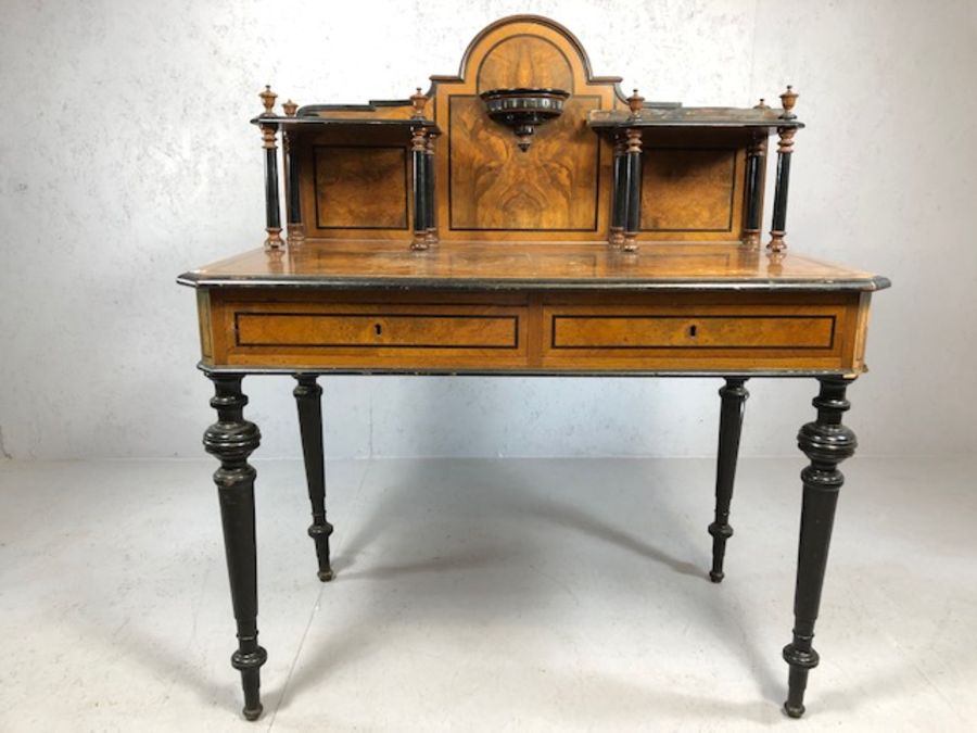 Ebonised and veneer desk or display table with galleried top with ebonised piers, two drawers under, - Image 4 of 6