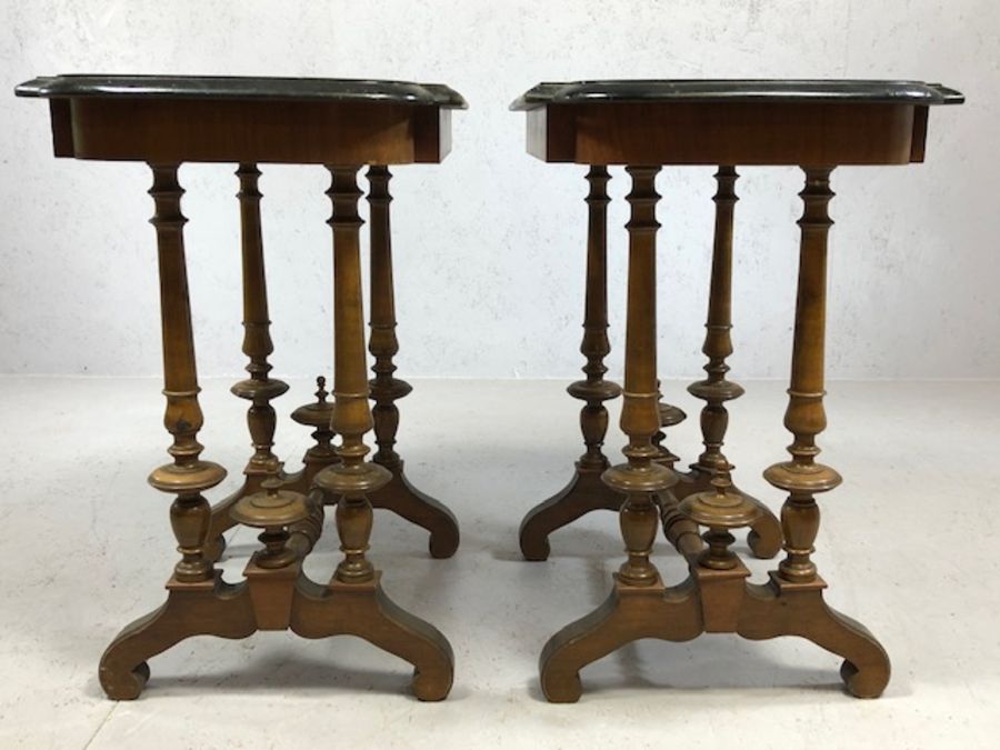 Pair of ebonised and veneered side tables on turned legs with single turned stretcher, approx 66cm x - Image 4 of 4