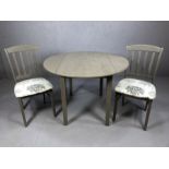 Modern grey painted drop leaf table with two matching chairs, table approx 96cm x 96cm x 75cm tall