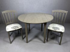 Modern grey painted drop leaf table with two matching chairs, table approx 96cm x 96cm x 75cm tall