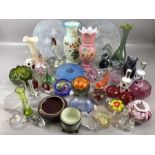 Large collection of glassware to include bells, paperweights, vases and a variety of glass animals