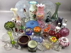 Large collection of glassware to include bells, paperweights, vases and a variety of glass animals