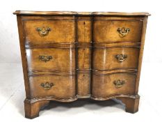 Serpentine fronted chest of three drawers with original handles, approx 85cm x 50cm x 74cm tall