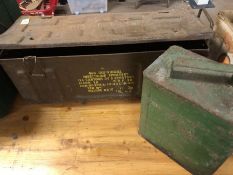 Vintage metal petrol can and metal crate